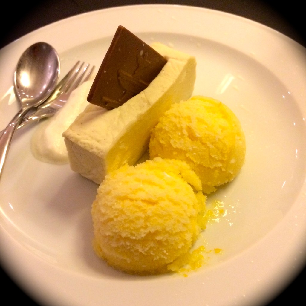 White Chocolate Mousse with Cardamom Espuma and Clementine Sorbet