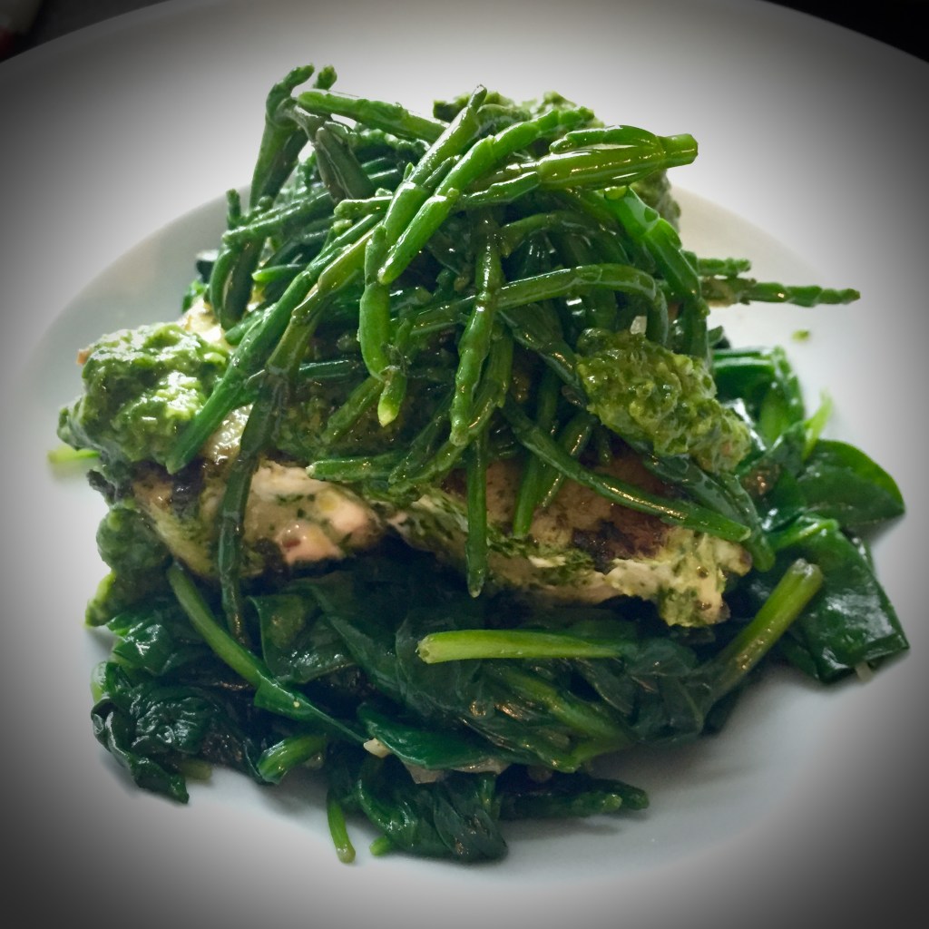 Grilled Encrusted Tuna Steak with Sautéed Spinach and Samphire