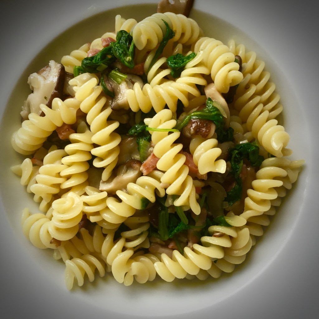 Fusilli with Pancetta, Shiitake Mushrooms and Wilted Greens