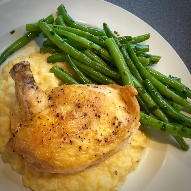 Grilled chicken with corn mashed potatoes and green beans