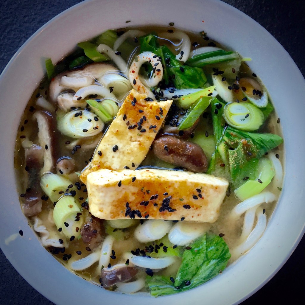 Udon Noodle Soup with Shiitake Mushrooms, Tofu, ​and Pakchoi