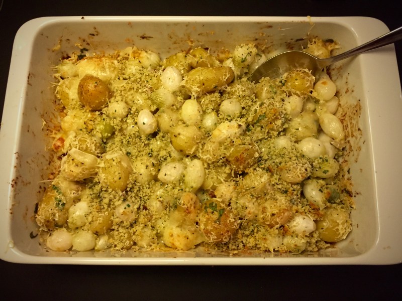 new potato gratin with bacon and pearl onions and panko