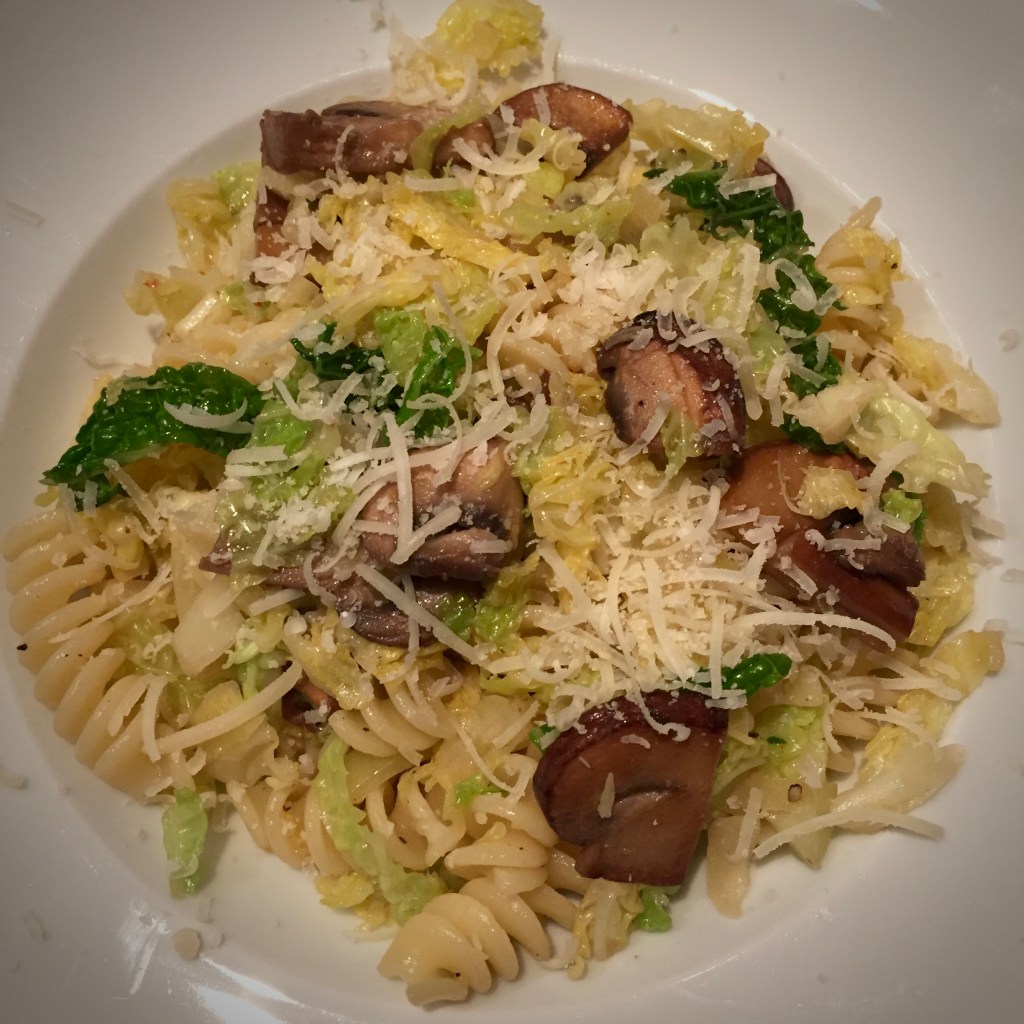 Pasta with Savoy Cabbage, Mushrooms, Garlic and Chilli Pepper