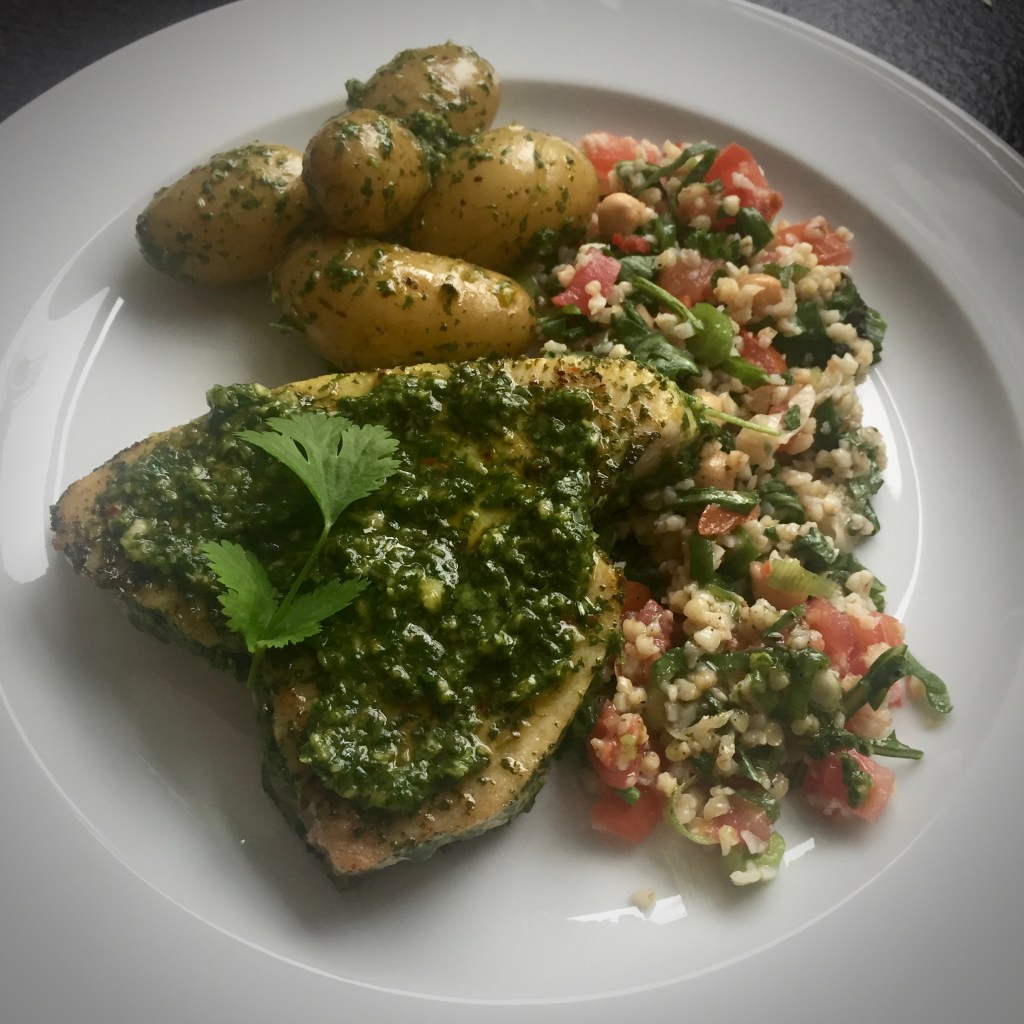 Herb Crusted Grilled Tuna Steak with Tabouleh and Baby Potatoes