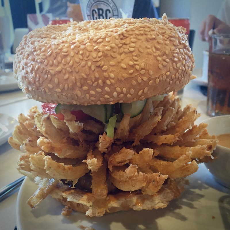 Onion Blossom (R110), "Gibson's Burger with our signature onion blossom and topped with our No.6 Sauce"