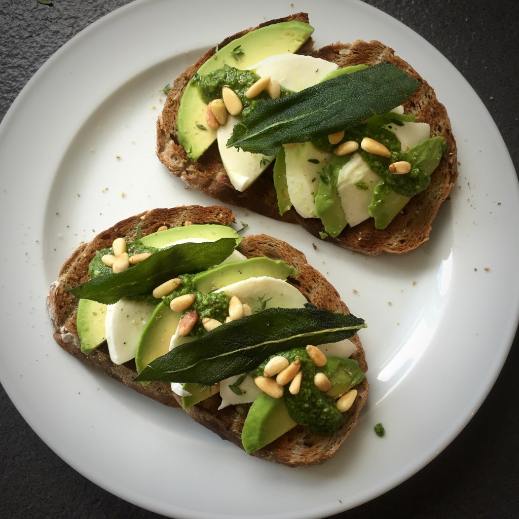 Avocado, Pesto and Mozzarella Crostinis