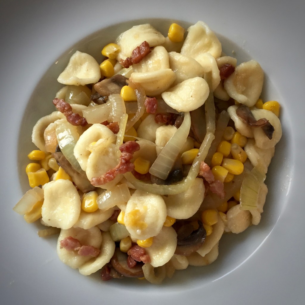 Orecchiette with Mushrooms, Sweetcorn and Bacon