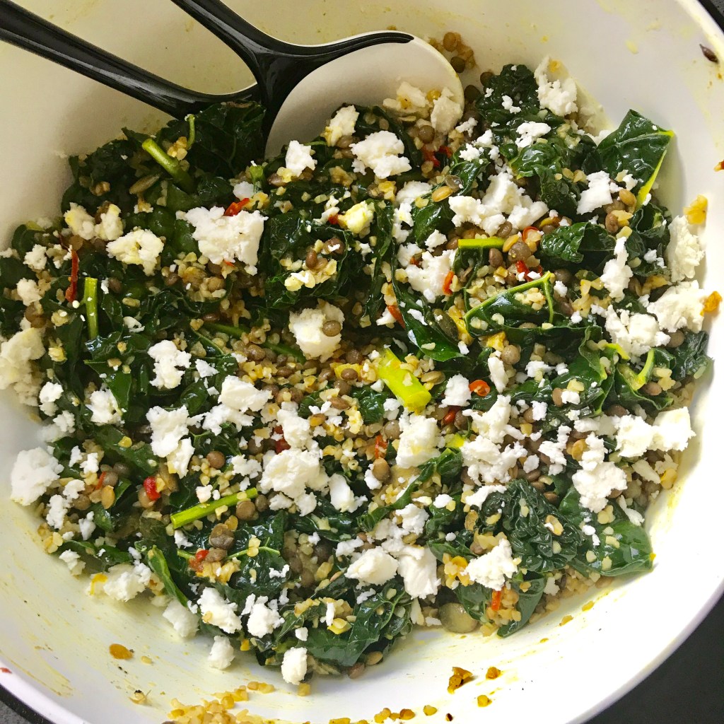 Bulgar Wheat and Lentil Salad with Spicy Kale and Feta