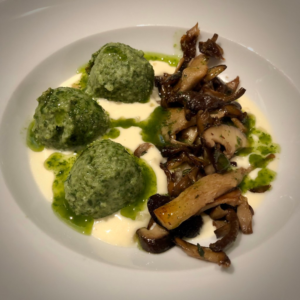 Spinach Gnudi with Parmesan Sauce and Sautéed Mushrooms